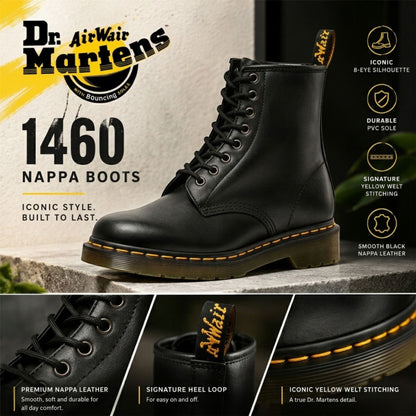 Dr Martens 1460 Black Nappa Leather 8-Eye Combat Boots - 11822002