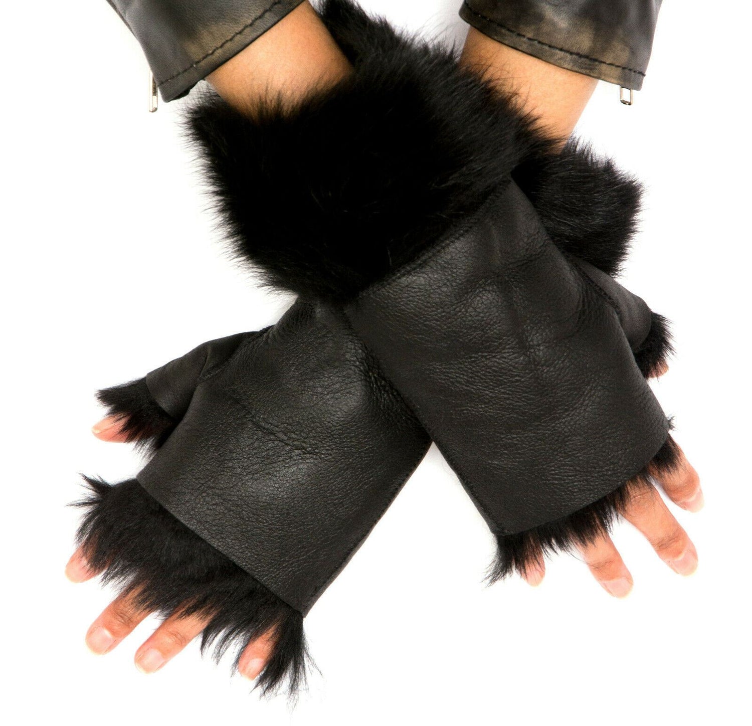 Womens Shearling Mittens Fingerless Cuffs Toscana Suede Sheepskin Fur - Upperclass Fashions 