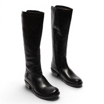 Fly London Womens Black Leather High Heeled Riding Long Boots - MISTRY