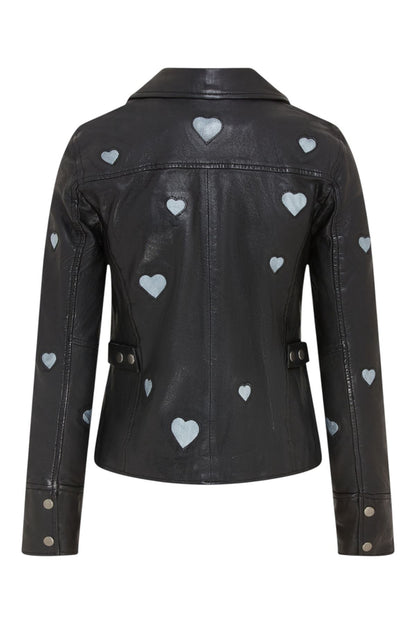 Women’s Black Leather Hearts Biker Jacket  - Wynyard