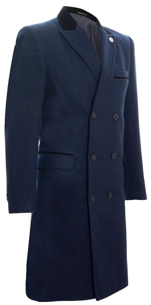 Mens 3/4 Long Double Breasted Navy Crombie Overcoat Wool Coat Peaky Blinders