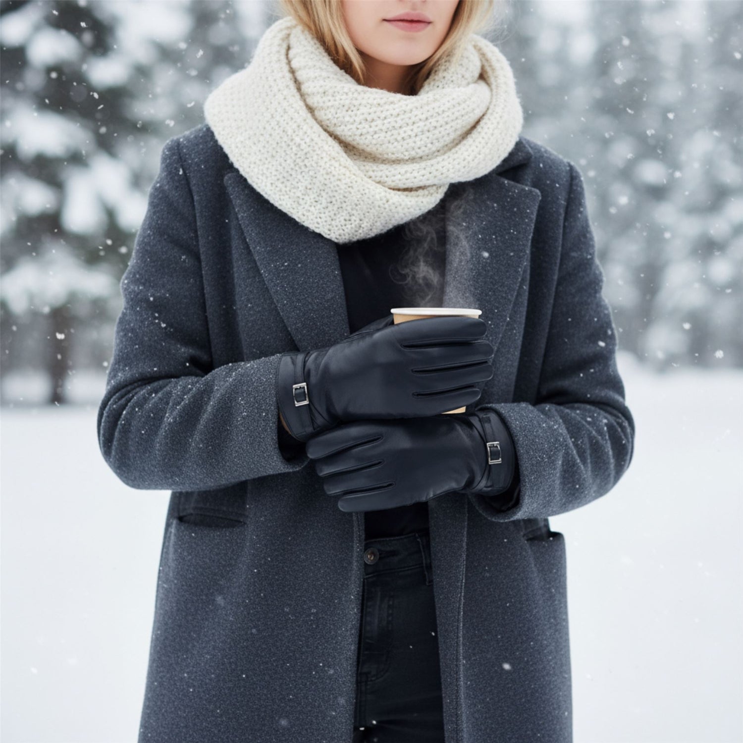 Womens Italian Leather Winter Buckle Soft Wool Lining Gloves - L-GLV-601