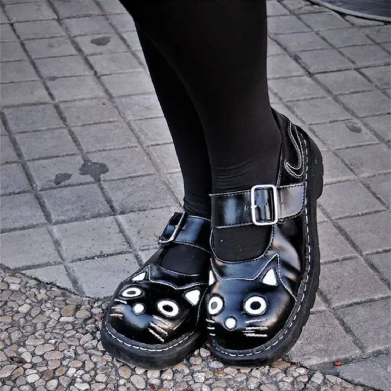 TUK Womens Mary Jane Kitty Black Leather Platform Goth Shoes - T2025