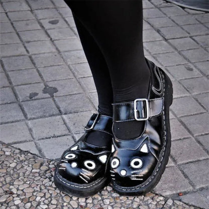 TUK Womens Mary Jane Kitty Black Leather Platform Goth Shoes - T2025