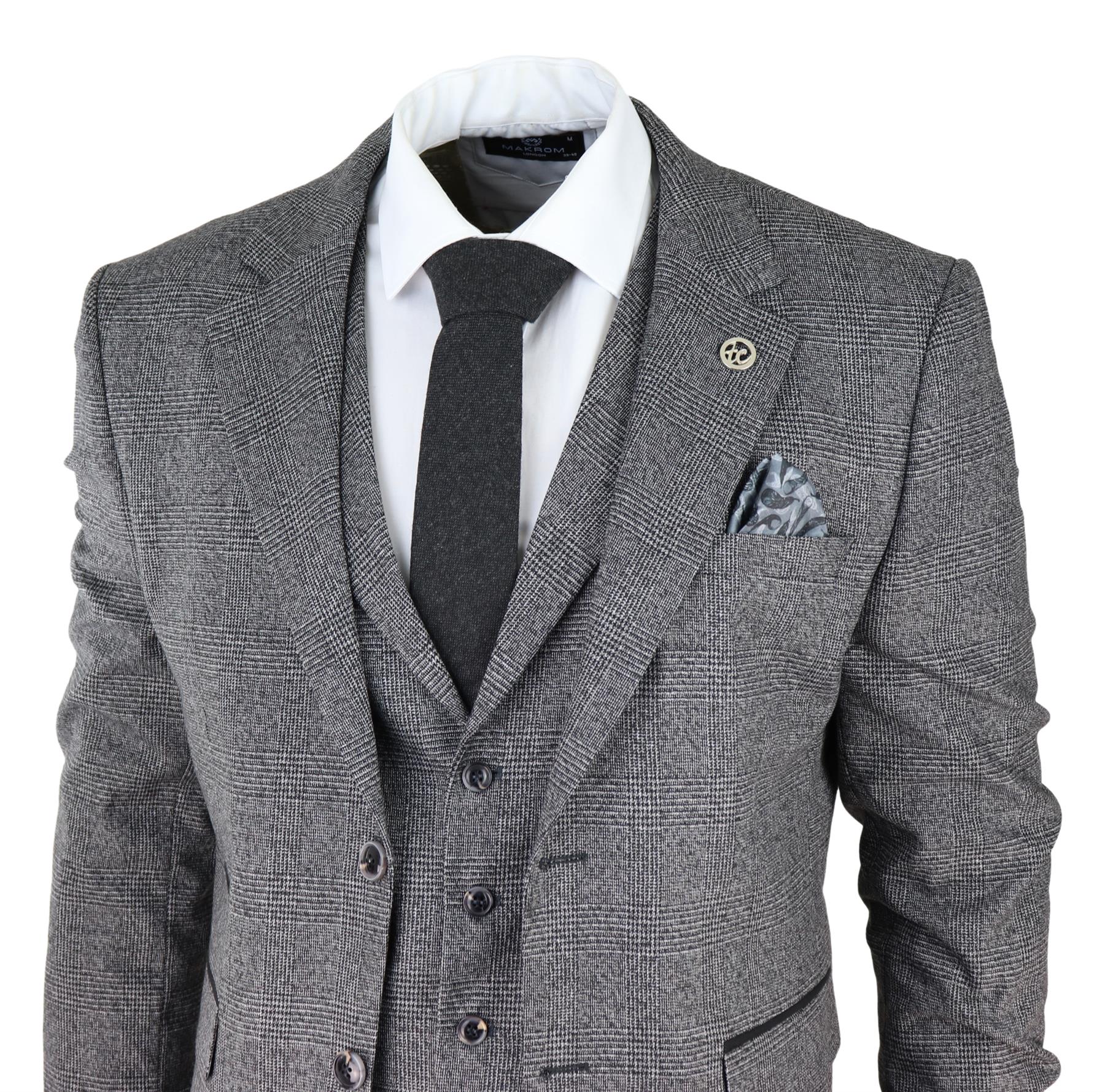 Mens Grey 3 Piece Suit Prince of Wales Check Classic Tailored Fit Wedding Suit
