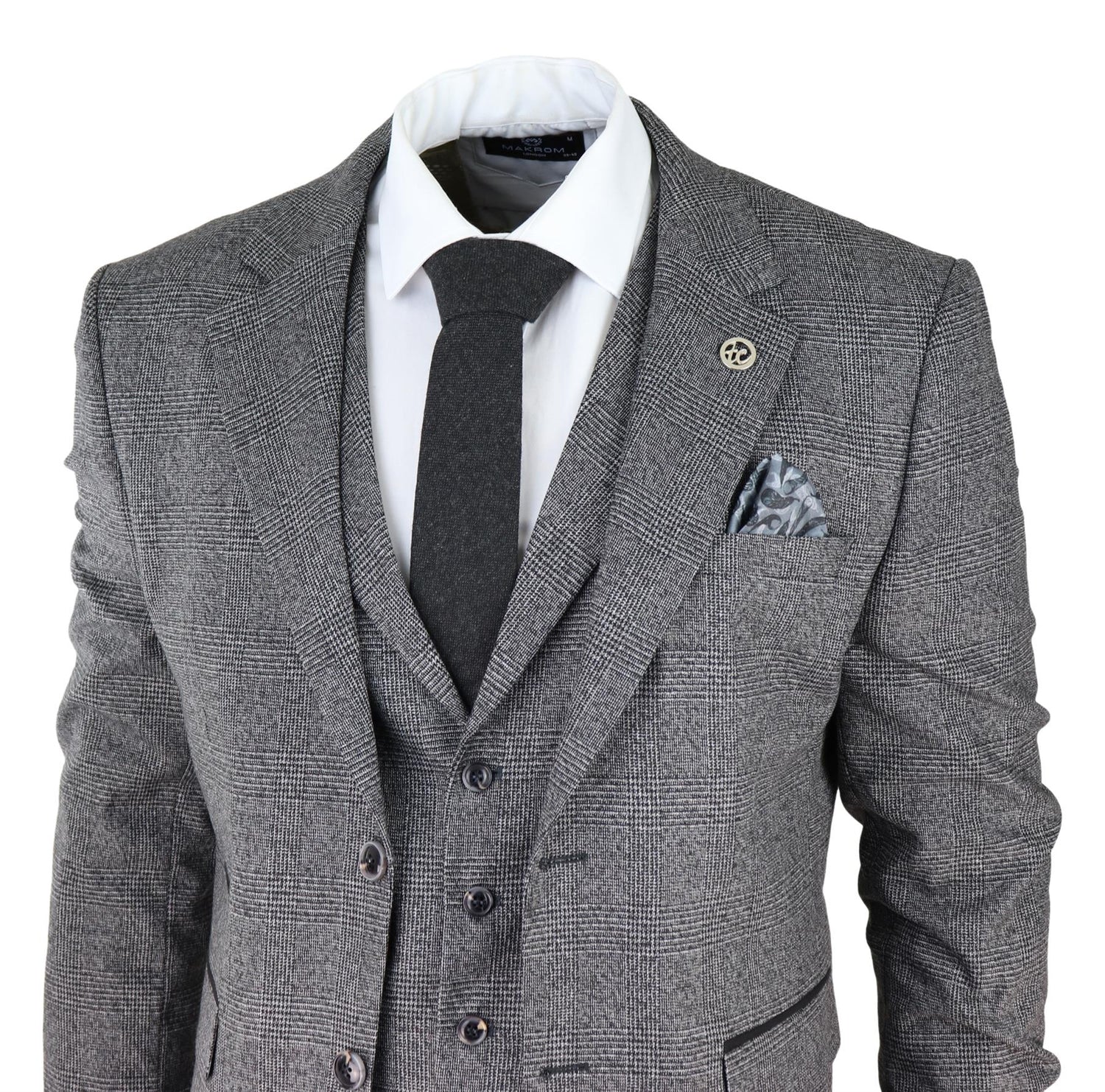 Mens Grey 3 Piece Suit Prince of Wales Check Classic Tailored Fit Wedding Suit - Upperclass Fashions 