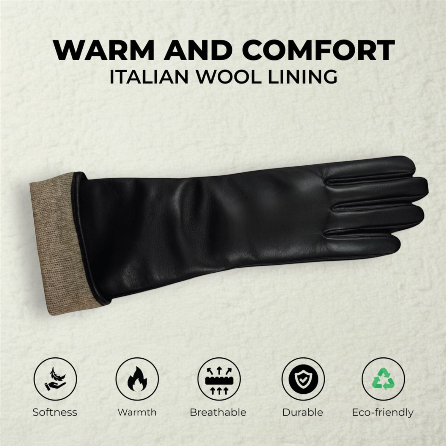 Womens Long Italian Leather Winter Soft Wool Lining Gloves