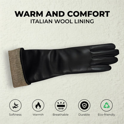 Womens Long Italian Leather Winter Soft Wool Lining Gloves