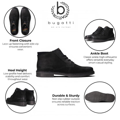 Bugatti Mens Black Leather Lace-up Chukka Ankle Boots - Rigalo Evo C30