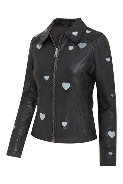 Women’s Black Leather Hearts Biker Jacket  - Wynyard