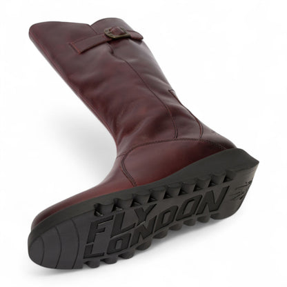 Fly London Womens Wine Burgundy MOL 2 Leather Wedge Heel Knee High Zip Up Boots