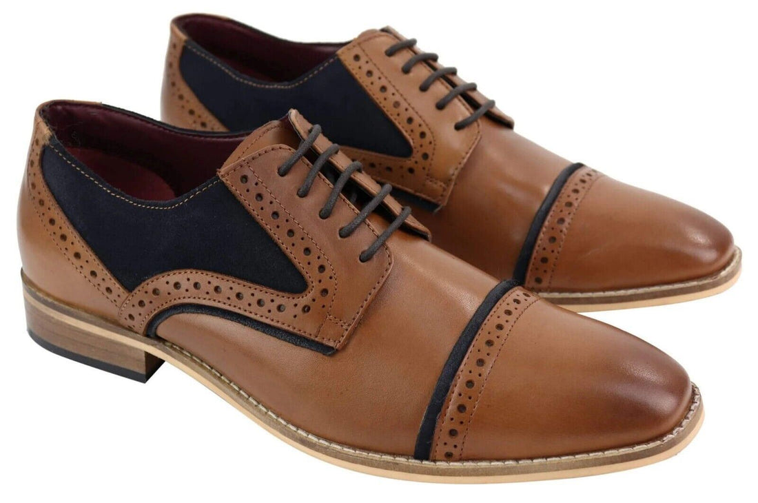 Mens Classic Navy Suede Oxford Brogue Derby Shoes in Tan Leather - Upperclass Fashions 