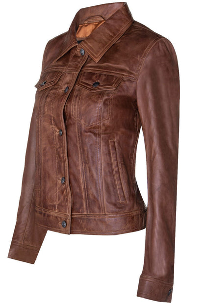 Womens Classic Leather Trucker Jeans Jacket-Nelson