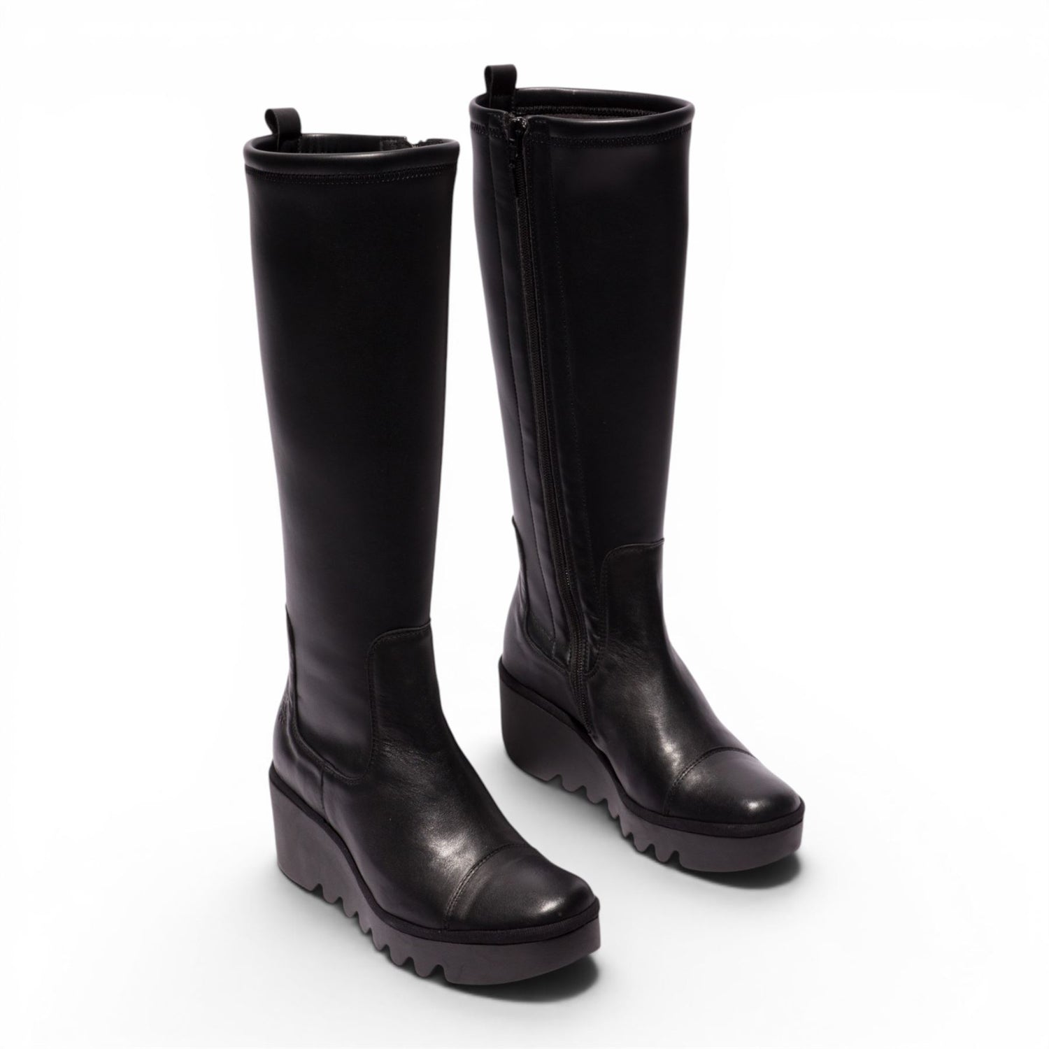 Fly London Womens Black Leather High Wedge Heel Long Boots - BUDI603