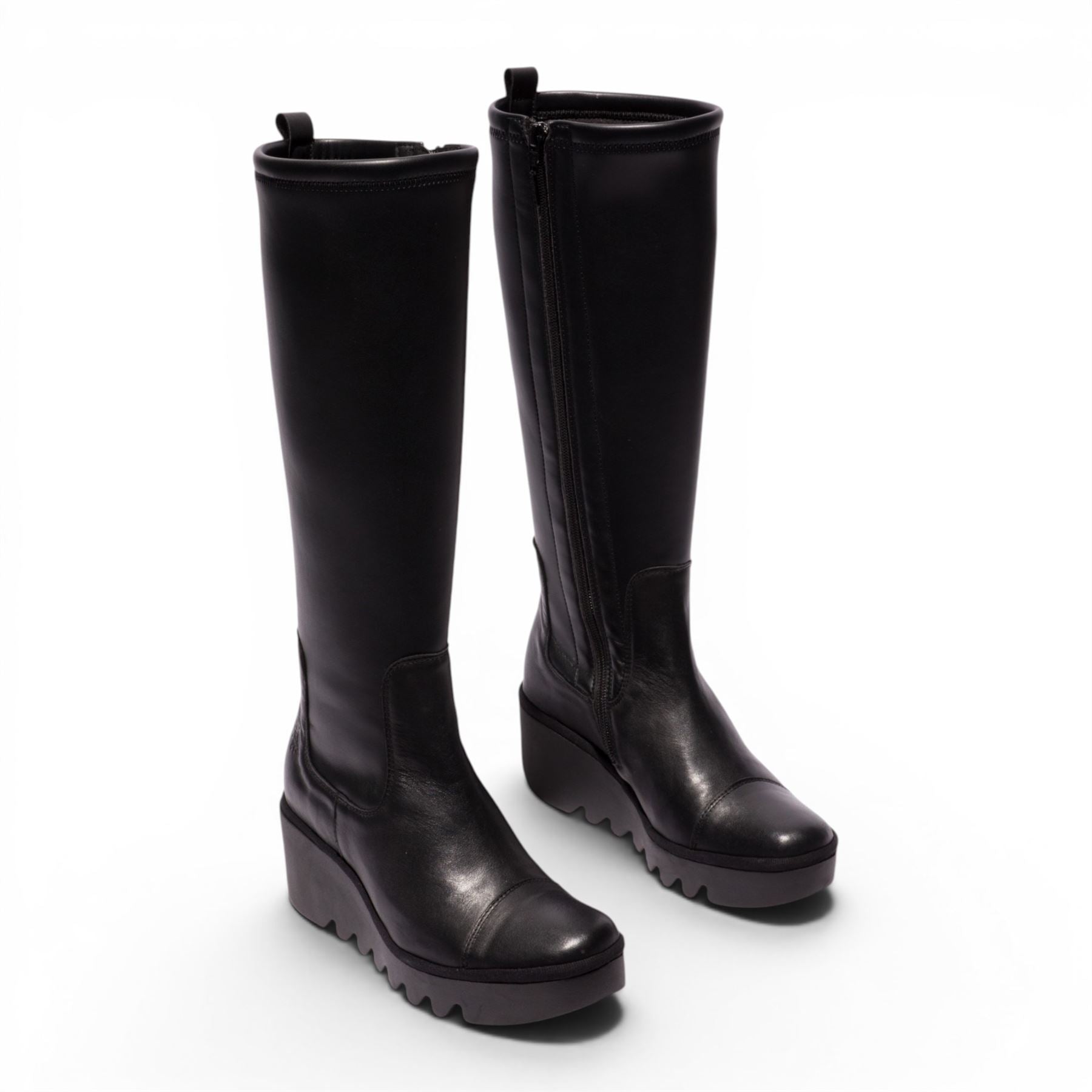 Fly London Womens Black Leather High Wedge Heel Long Boots - BUDI603