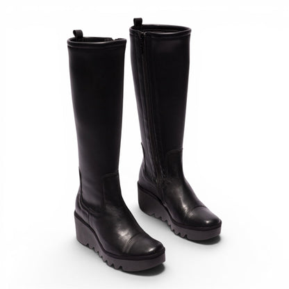 Fly London Womens Black Leather High Wedge Heel Long Boots - BUDI603