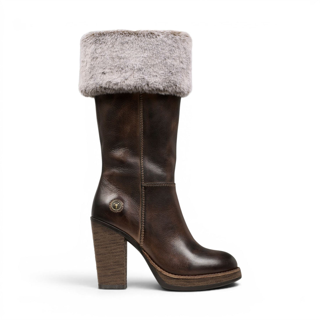 Windsorsmith Womens Mid Calf Brown Leather High Heel Fur Boots - Lovestruck