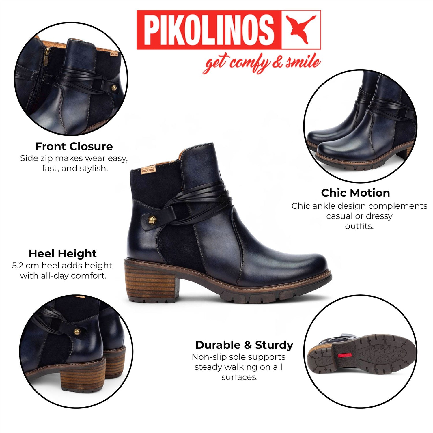 Pikolinos Women’s Blue Leather Zipped Heel Ankle Boots - San Sebastia