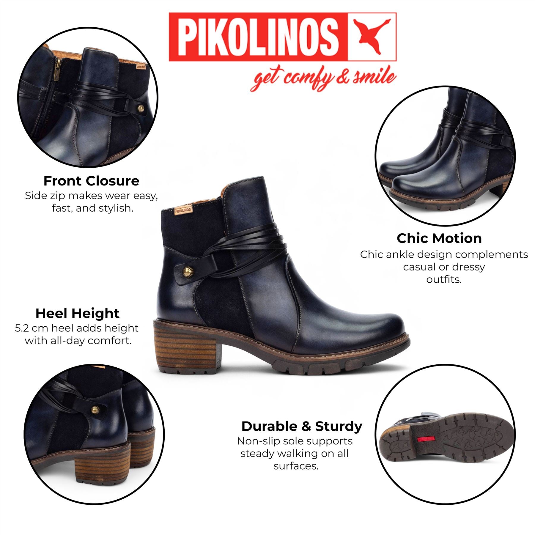 Pikolinos Women’s Blue Leather Zipped Heel Ankle Boots - San Sebastia