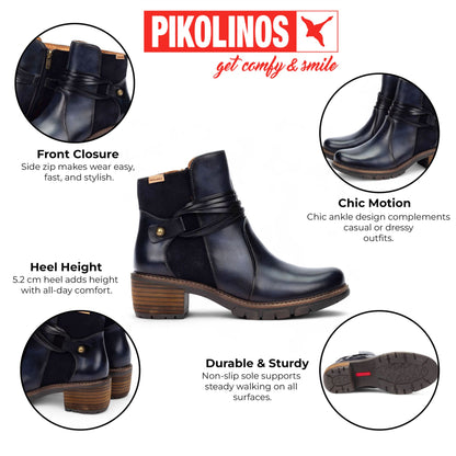 Pikolinos Women’s Blue Leather Zipped Heel Ankle Boots - San Sebastia
