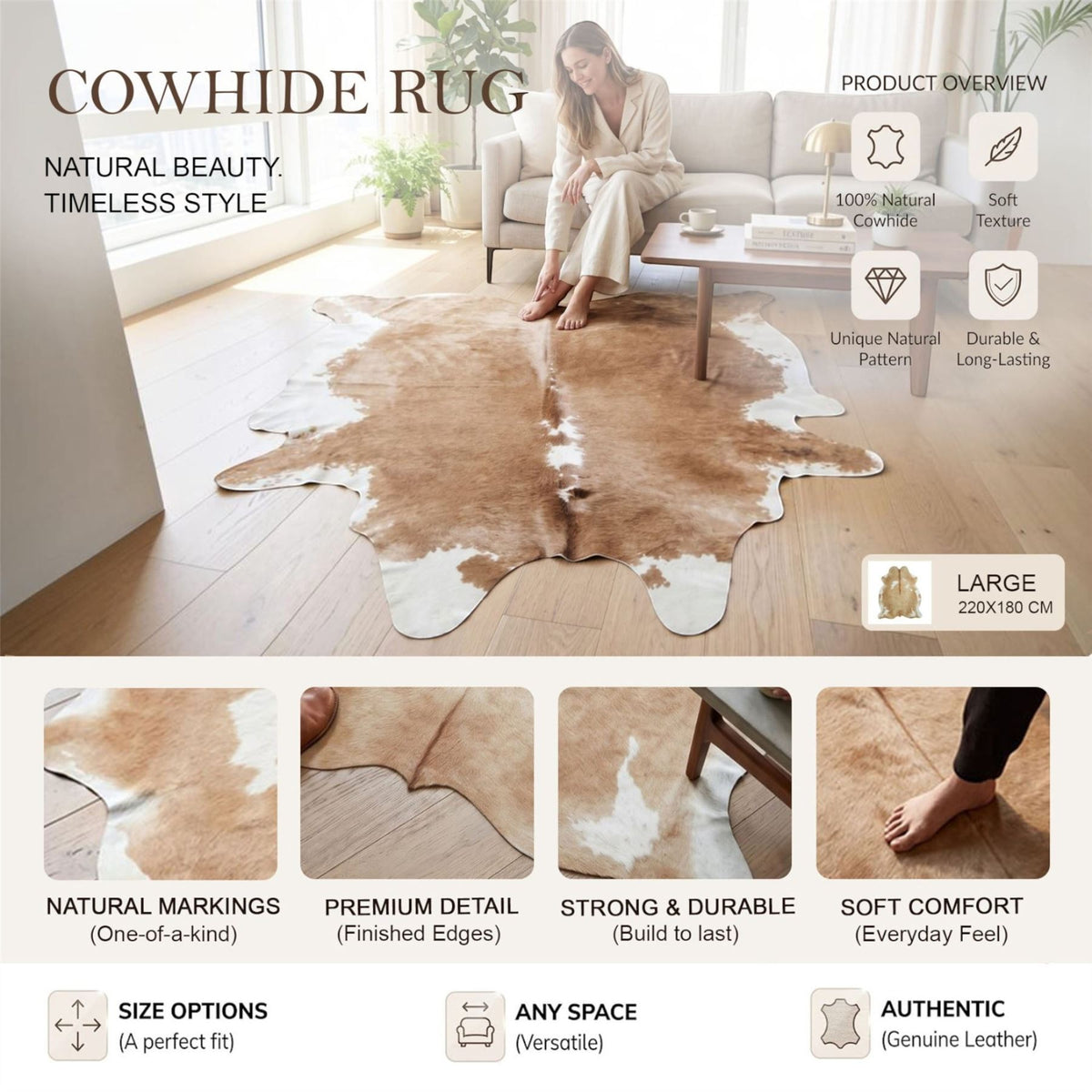 Natural Cow Leather Cowhide Hairon Rug - Hereford