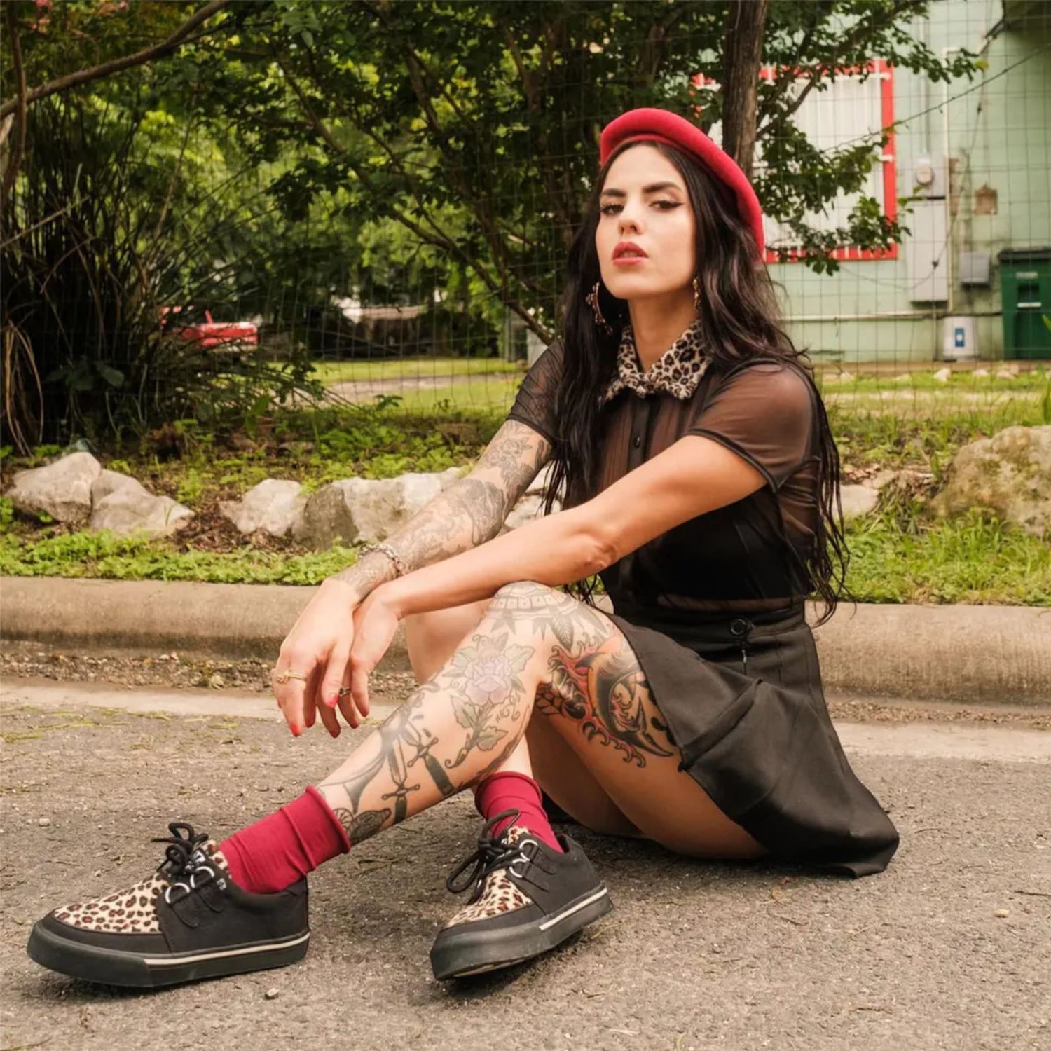 TUK Pointed Creeper Sneaker Black Leopard Canvas Platform Shoes - A9180