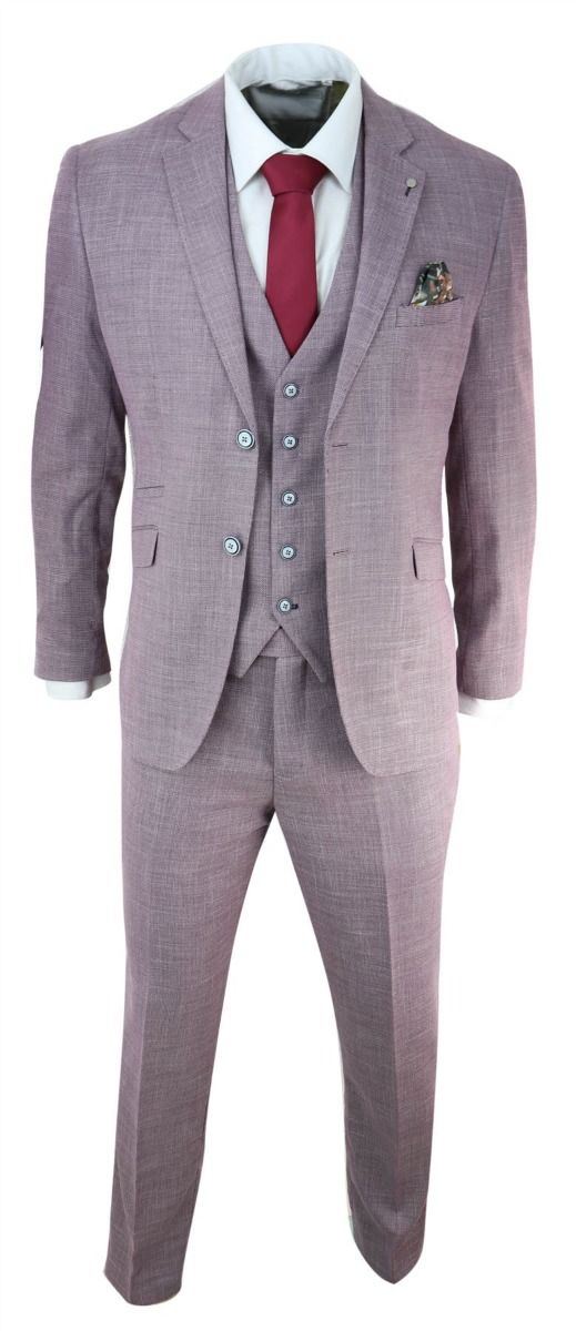 Mens 3 Piece Blush Pink Linen Summer Spring Classic Suit - Upperclass Fashions 