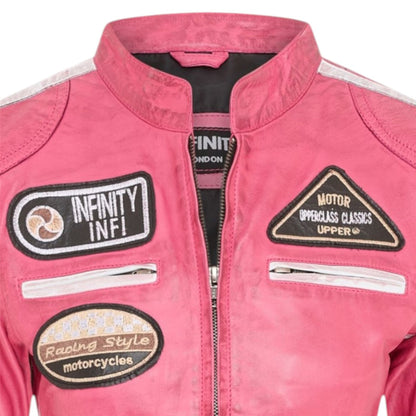 Womens Biker Racing Badges Leather Jacket-Eastleigh