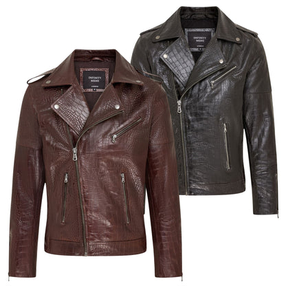Mens Cow Leather Alligator Print Embossed Biker Jacket - Rot