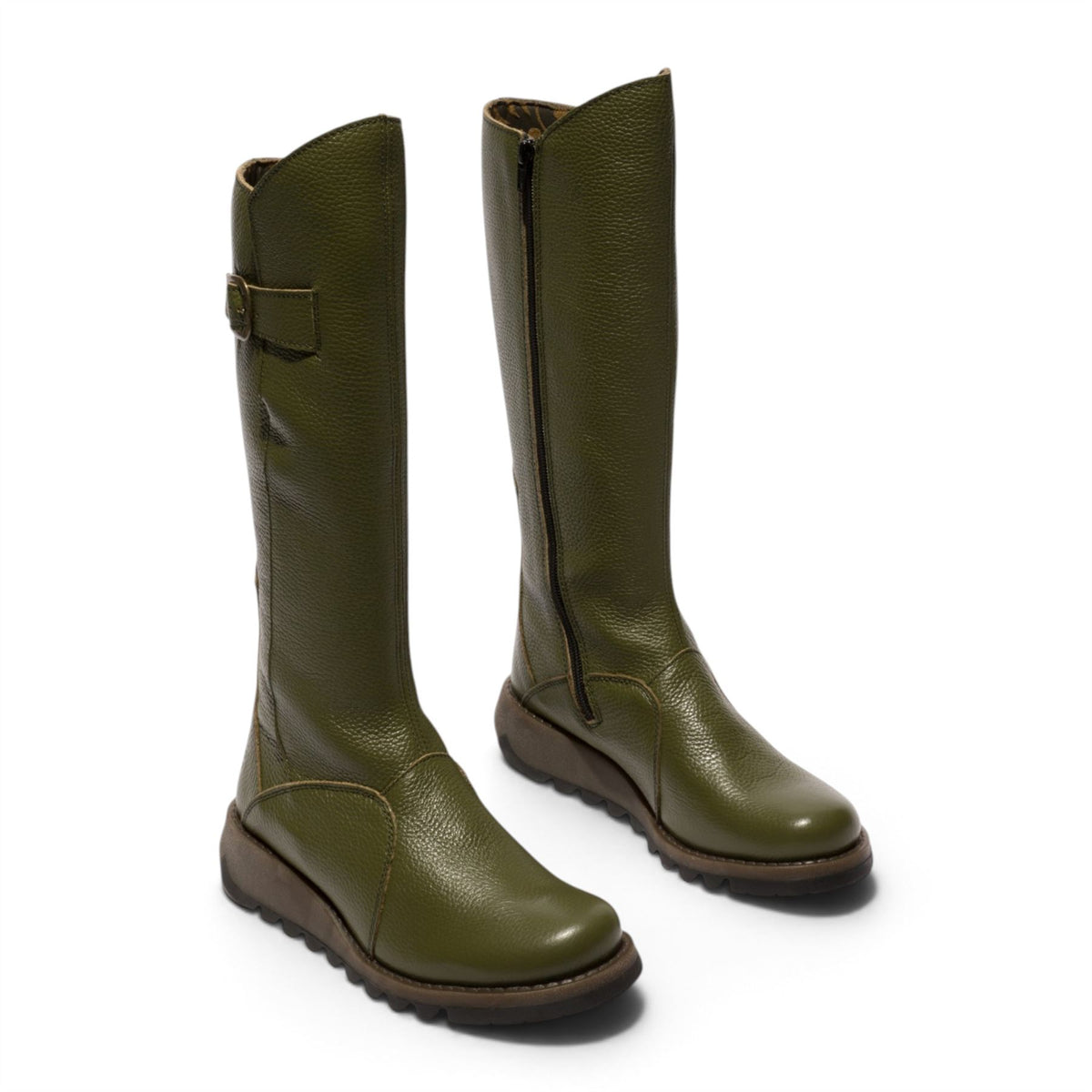 Fly London Womens Military Green Leather Wedge Heel Knee High Long Boots - MOL2