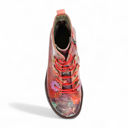 Laura Vita Ercnaulto 212 Red Floral Womens Gothic Victorian Leather Ankle Heeled Boots