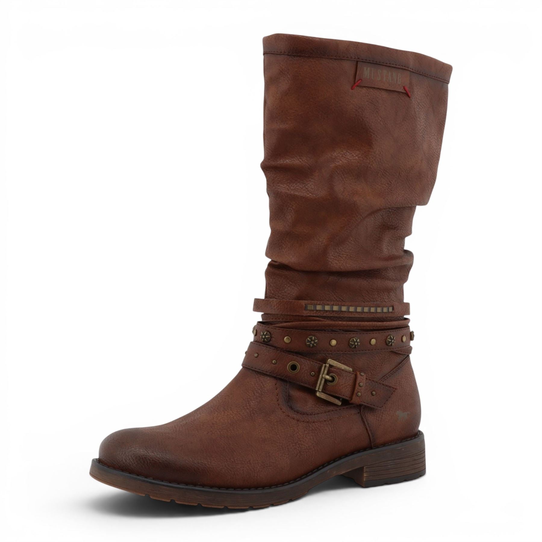 Womens Cognac Brown Faux Leather Mid-Calf Slouch Riding Boots - M0052003
