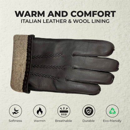 Men’s Italian Leather Warm Wool Lining Winter Stich Design Gloves - M-LGV-205