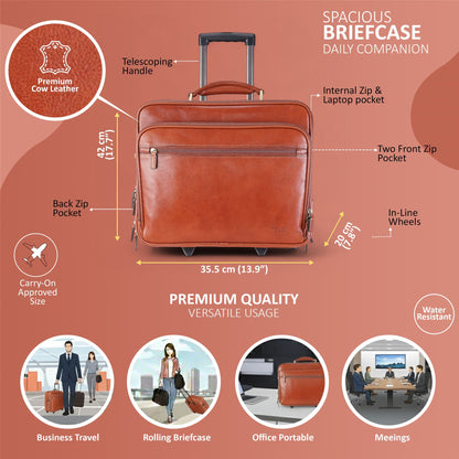 Genuine Leather Tan Wheel Laptop Briefcase Travel Cabin Pilot Bag - Nomad