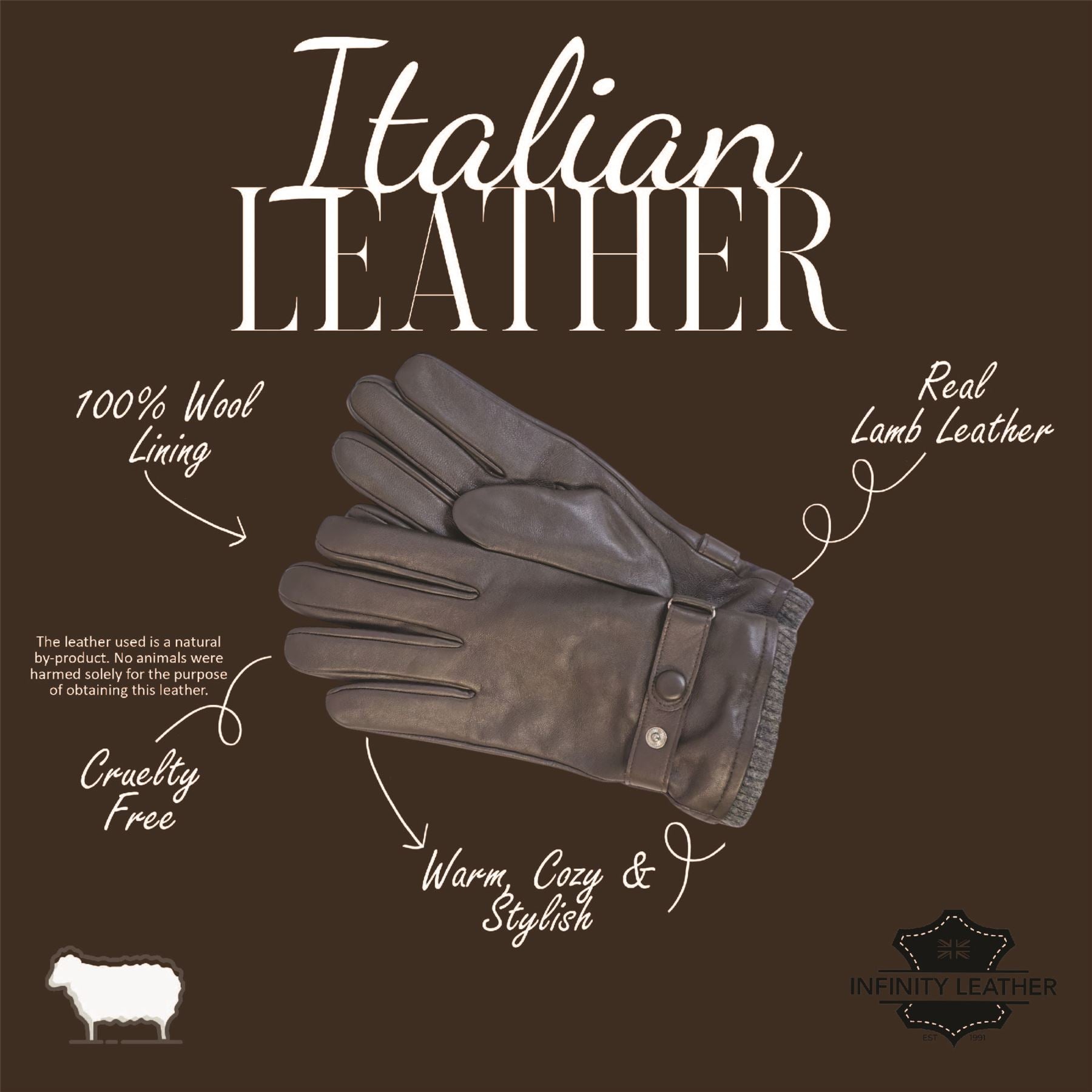 Men’s Italian Leather Warm Wool Lining Winter Knit Rib Gloves - M-LGV-105