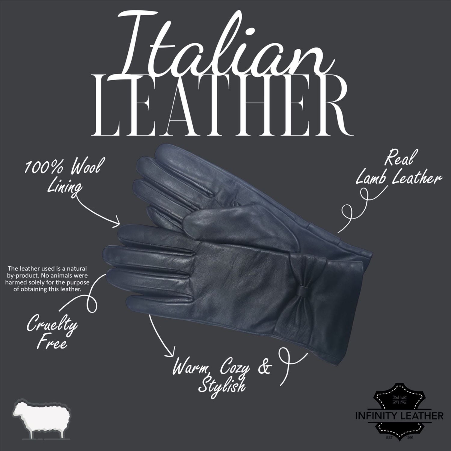 Womens Italian Leather Winter Bow Design Soft Wool Lining Gloves - L-GLV-401