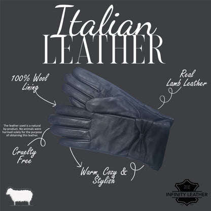 Womens Italian Leather Winter Bow Design Soft Wool Lining Gloves - L-GLV-401