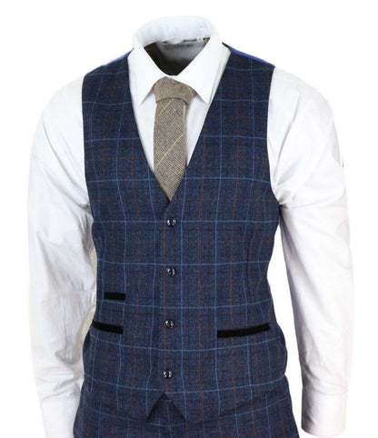 Mens 3 Piece Navy Blue Tweed Check Vintage Suit