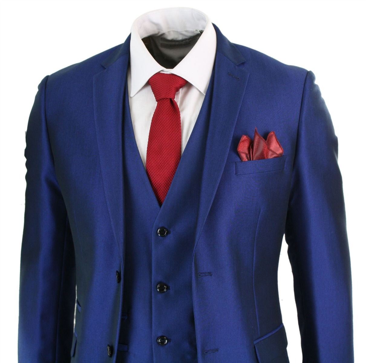 Mens 3 Piece Shiny Royal Blue Classic Suit - Upperclass Fashions 