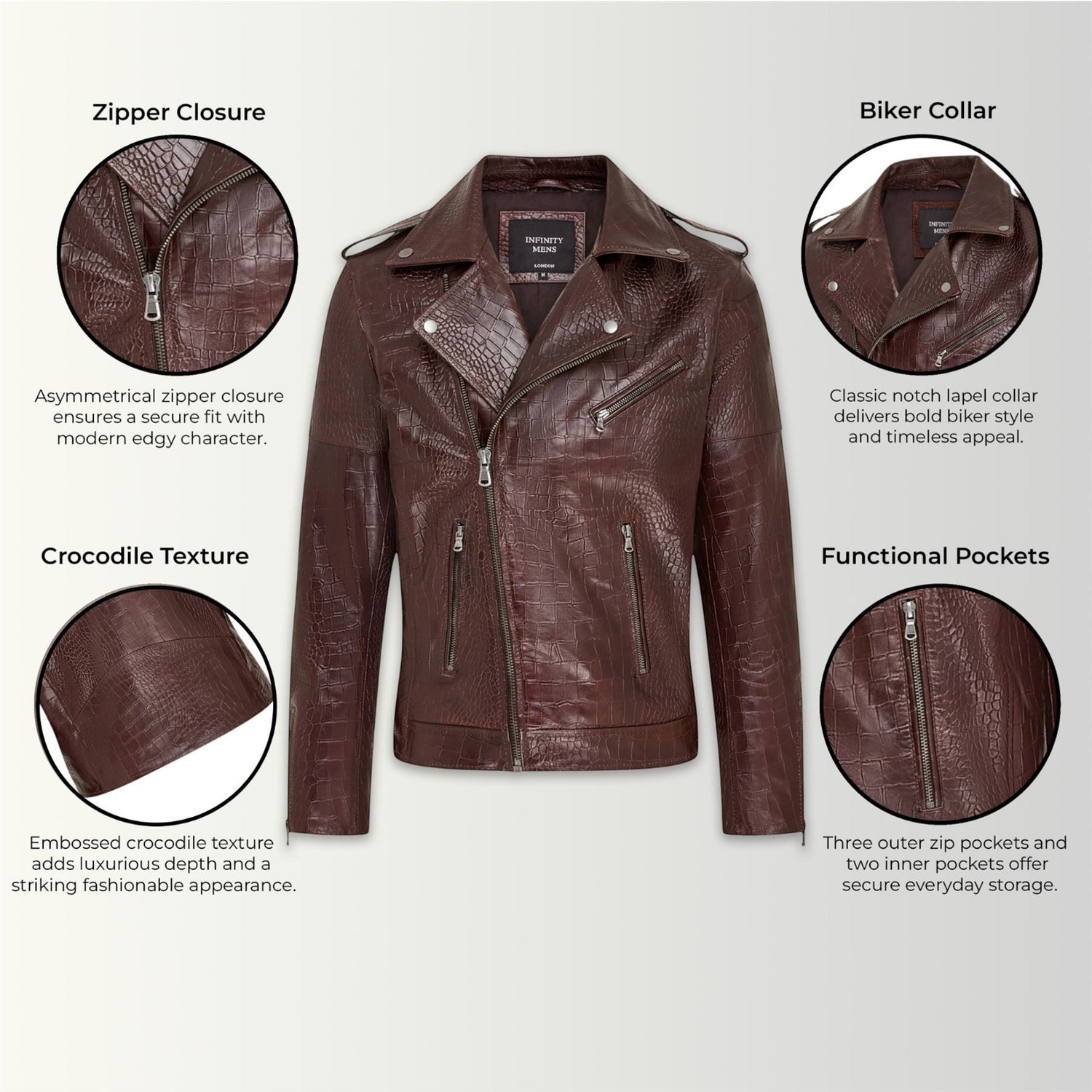Mens Cow Leather Alligator Print Embossed Biker Jacket - Rot