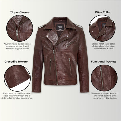 Mens Cow Leather Alligator Print Embossed Biker Jacket - Rot