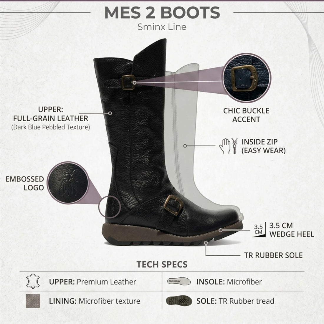 Fly London Womens Black Leather Mid-Calf Long Boots - MES2913