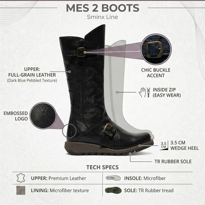 Fly London Womens Black Leather Mid-Calf Long Boots - MES2913