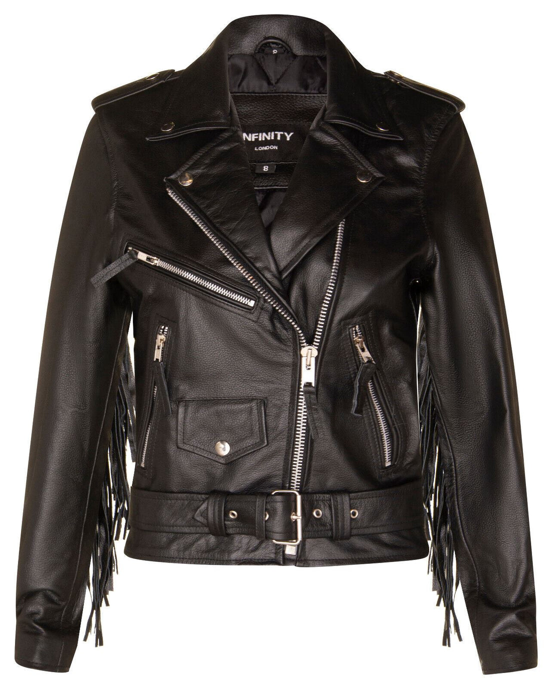 Womens FRINGE Brando Cow Hide Leather Biker Jacket-Mossley