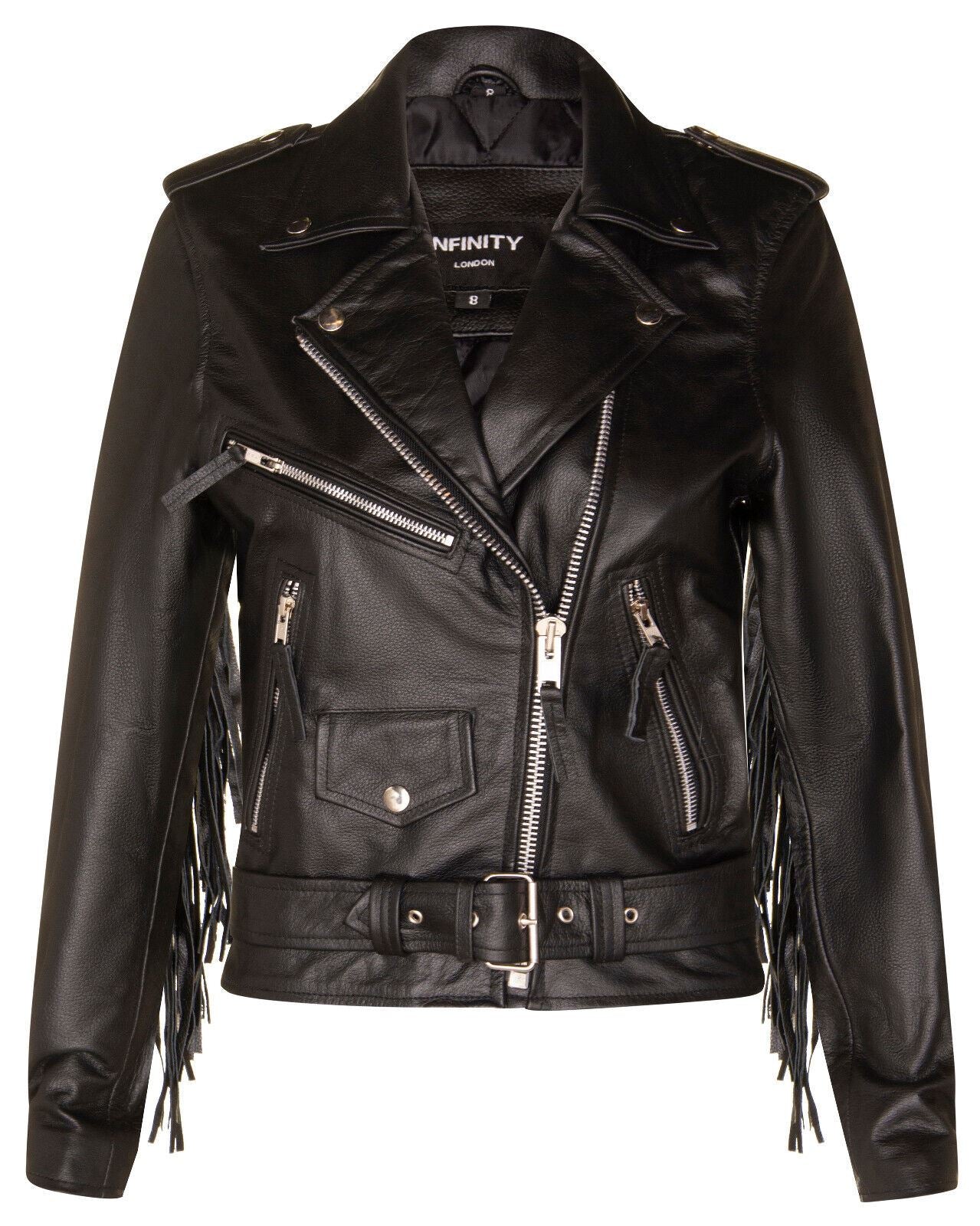 Womens FRINGE Brando Cow Hide Leather Biker Jacket-Mossley