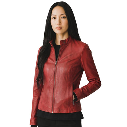 Womens Leather Stand Collar Racer Biker Jacket - 181