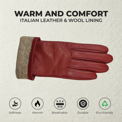 Womens Italian Leather Winter Bow Design Soft Wool Lining Gloves - L-GLV-401