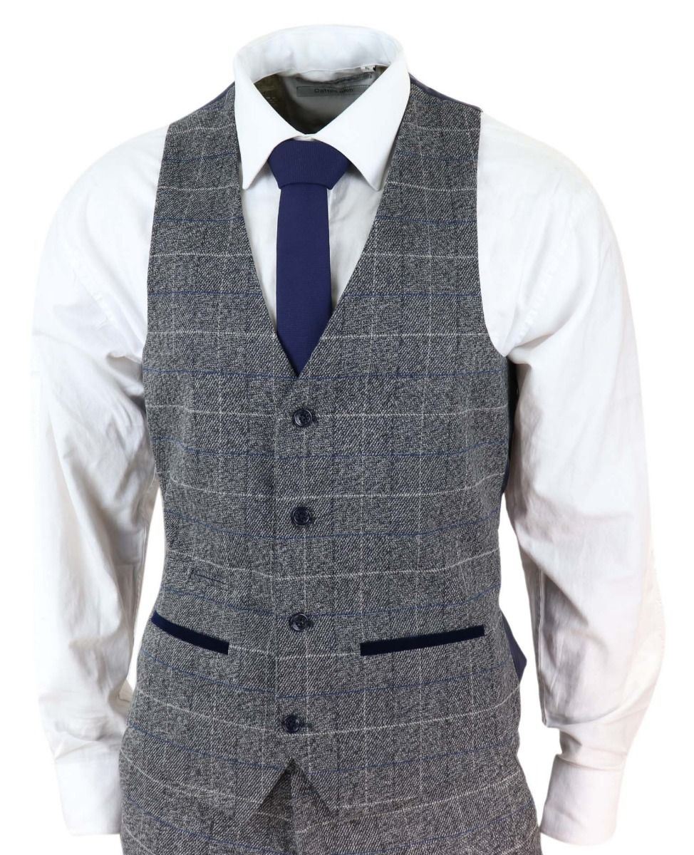 Mens 3 Piece Grey With Blue Check Vintage Classic Suit - Upperclass Fashions 