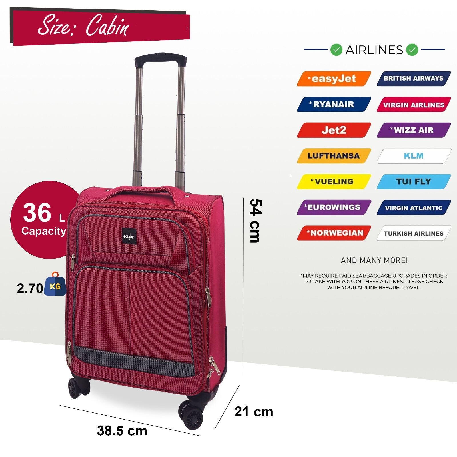 Soft Shell Cabin Suitcase 54 x 38 x 21 cm Lightweight Luggage Suitable for Easyjet, Ryanair