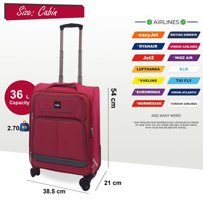 Soft Shell Cabin Suitcase 54 x 38 x 21 cm Lightweight Luggage Suitable for Easyjet, Ryanair